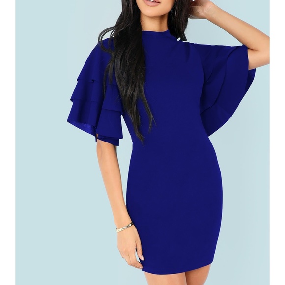 MBM Unlimited Dresses & Skirts - Blue Tiered Flounce Sleeve Bodycon Short Dress